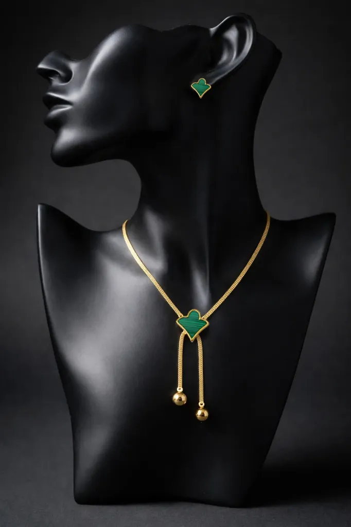 Emerald Heart Adjustable Necklace & Stud Set