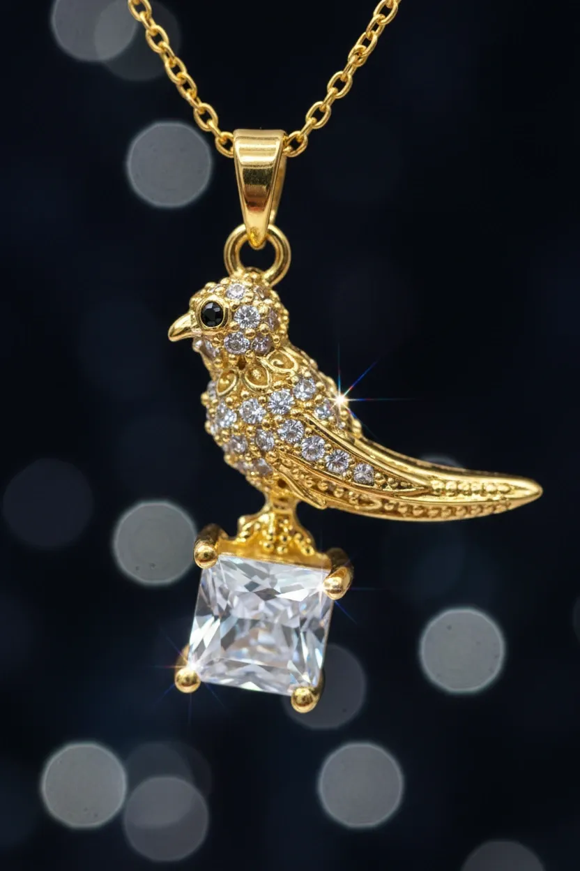 Golden Sparrow Crystal Charm Necklace