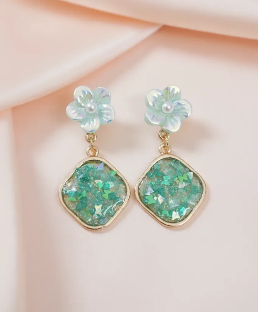 Mint Bloom Shimmer Drop Earrings
