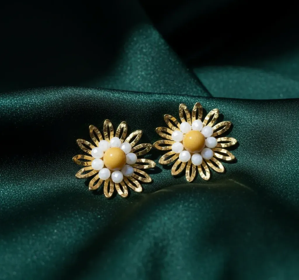Golden Daisy Pearl Stud Earrings